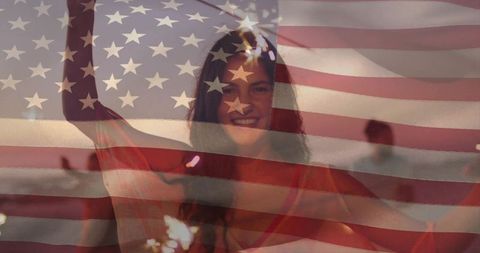 Young Woman Celebrating on Beach with American Flag Overlay
