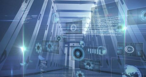 Futuristic Data Center Corridor with Holographic Interfaces