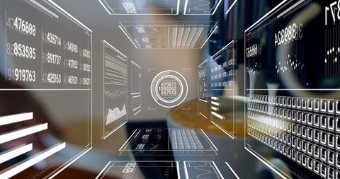 Projecting virtual data corridor with circular hud and holographic analytics panels