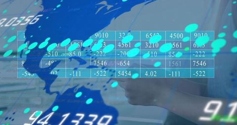 Businesswoman using smartphone with digital data interface display