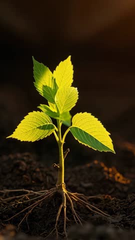 Vertical close-up showing hands planting sapling with visible roots for sustainable growth
