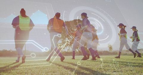 Female Baseball Team Practicing at Sunset with Futuristic HUD Overlay