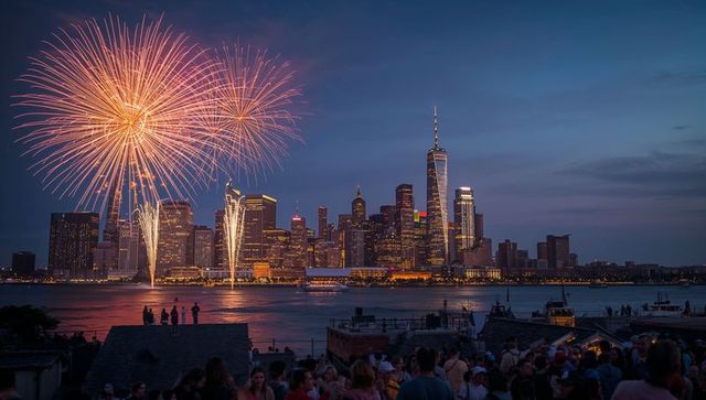 Dramatic summer fireworks over manhattan skyline at dusk with crowds watching on rooftops