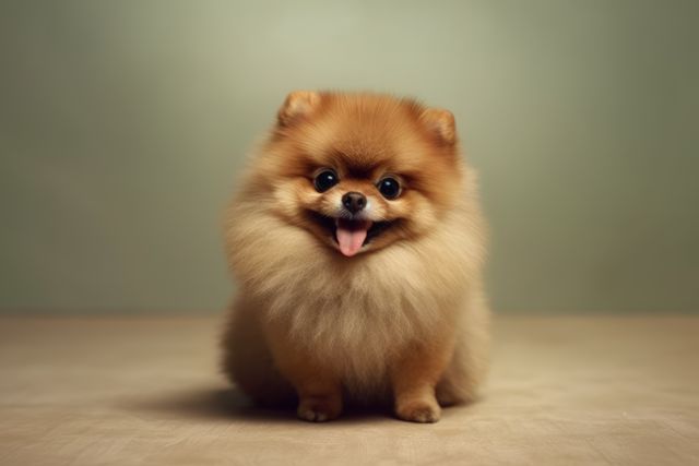 Cute Pomeranian puppy sitting on floor with fluffy fur and happy smile. Perfect for pet enthusiasts' blogs, dog training websites, greeting cards, and advertisements for pet products. Motionless and with the fur fully fluffed up, the puppy's joyous expression and composed demeanor bring warmth to any context.