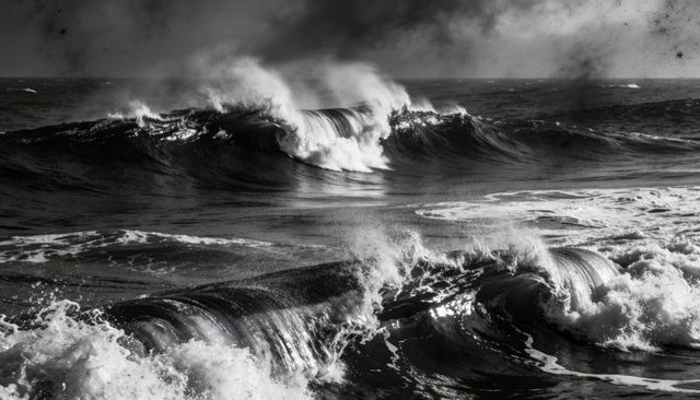 Crashing monochrome ocean waves rolling toward viewer, spray and foaming crests