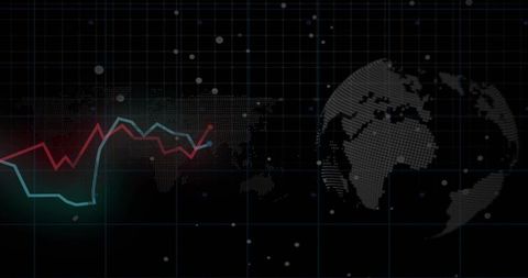 Displaying dotted global map and digital globe, neon financial line charts glowing red endpoint