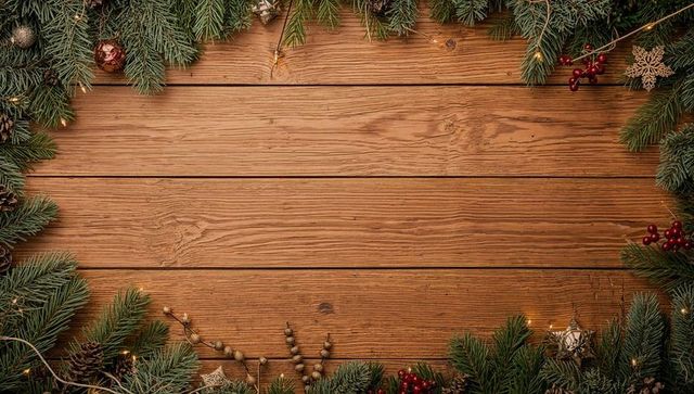 Rustic christmas wooden plank background framed by evergreen garland and lights