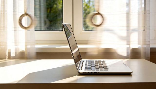 Minimalist silver laptop reflecting sunlit window with sheer curtains on wooden desk