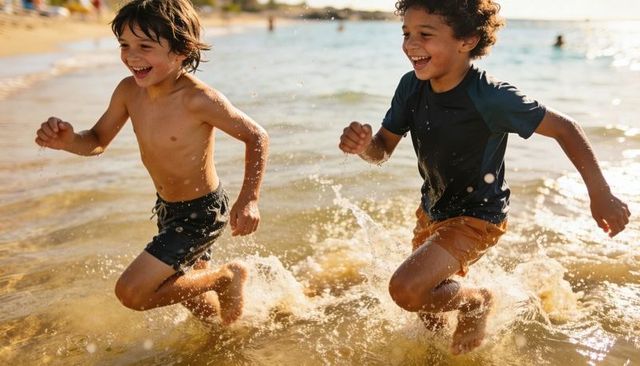 Two boys running and splashing in shallow surf laughing on sunlit sandy beach