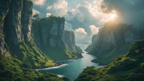 Sunlit Canyon with Lush Cliffs and Meandering River
