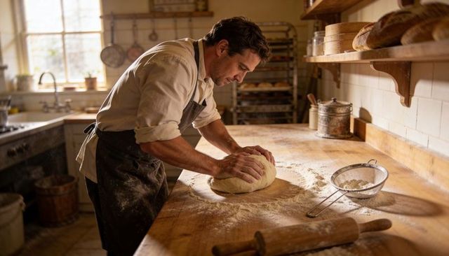 Kneading artisan baker shaping dough on rustic wooden workbench in sunlit country bakery
