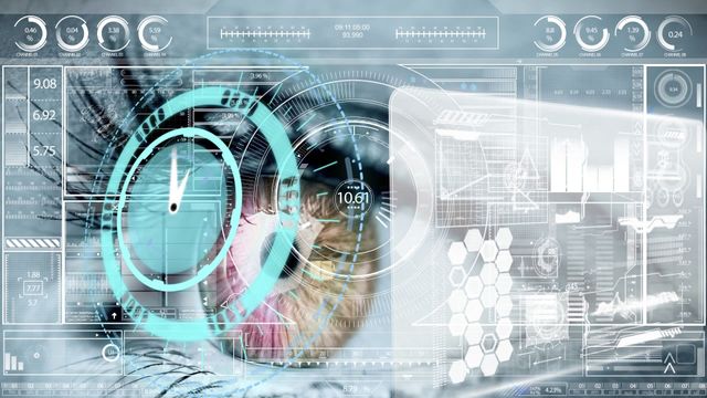 A close-up depiction of a human eye with a digital interface overlay, displaying numerous virtual screens, data, and advanced technological elements. This design portrays the concept of integrating human sensory with augmented digital information. Ideal for illustrating concepts related to futuristic technology, cybersecurity, biometric advancements, and augmented reality experiences.