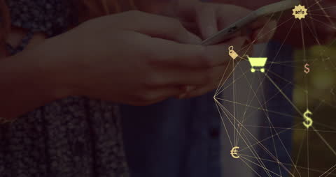 Hands Interacting with Digital Network and Currency Symbols