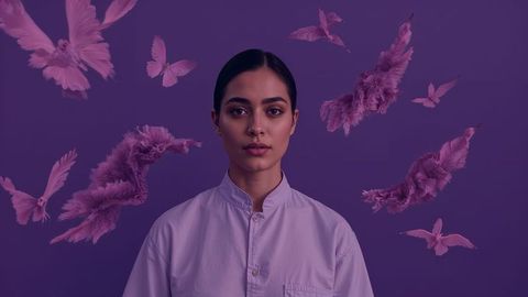 Elegant dreamscape: south asian woman with pink butterflies