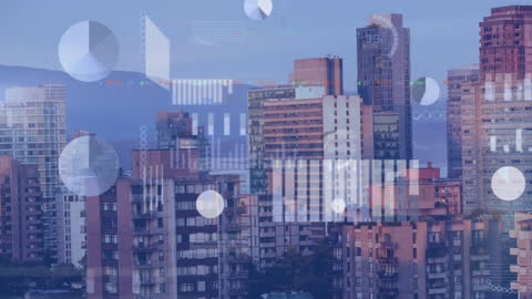 Animated Graphs Overlaying Urban Cityscape Buttress