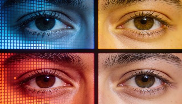 Four close-up eyes in vibrant color grid with pixel overlay for biometric and ai concept