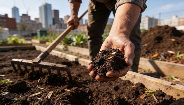 Holding Compost and Raking Urban Garden Bed with Hands Close-Up, City Allotment