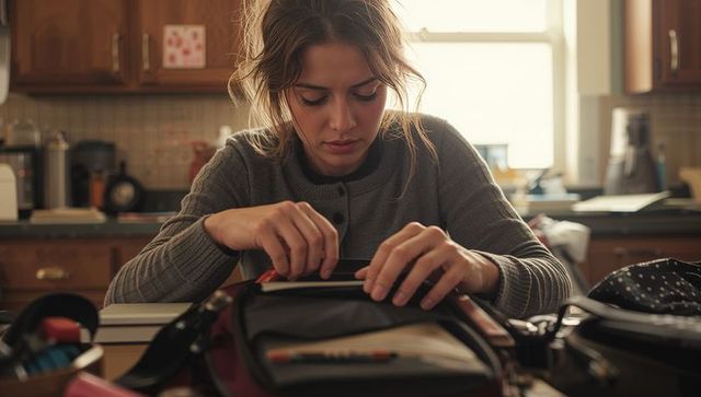 Young woman packing backpack at kitchen counter preparing for school morning routine