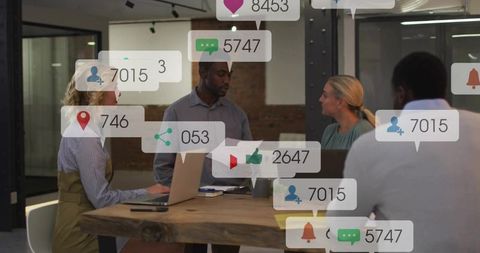 Team collaborating while analyzing social media engagement overlays in modern workspace