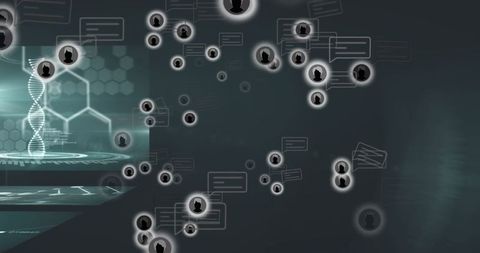 Futuristic digital interface with holographic dna and network overlay