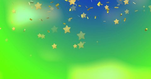 Gold Stars and Confetti Falling on Blurred Green and Blue Background