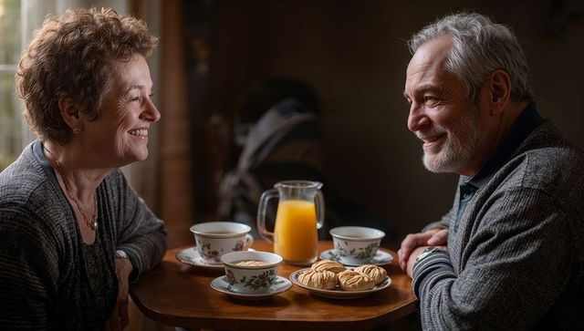 Senior couple sharing cozy breakfast with tea and orange juice on floral porcelain