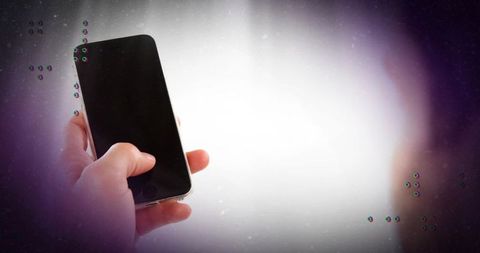 Hand Holding Smartphone with Futuristic Glitch Overlay