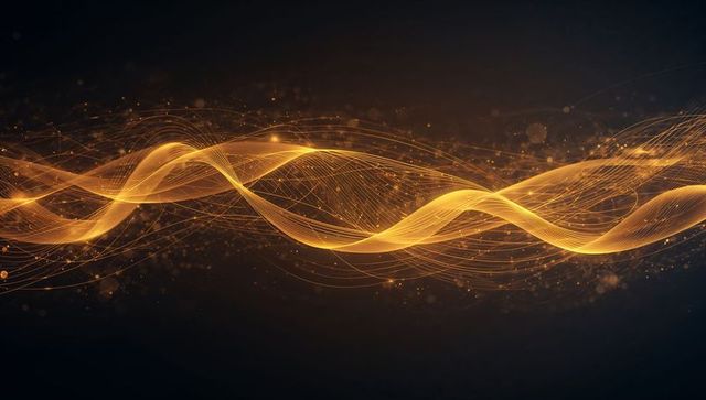Golden ribbon waveform flowing light lines abstract futuristic energy background particle glow