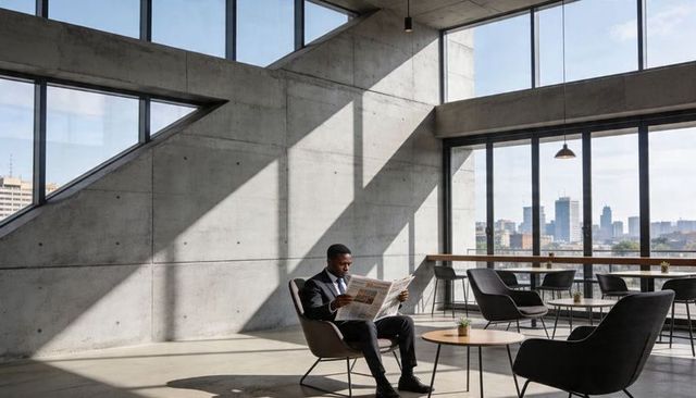 Black businessman reading newspaper in concrete lounge with skyline and sunlit shadows