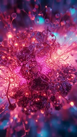 Vertical micro animation of pulsating luminous orb sending filaments and glowing nodes