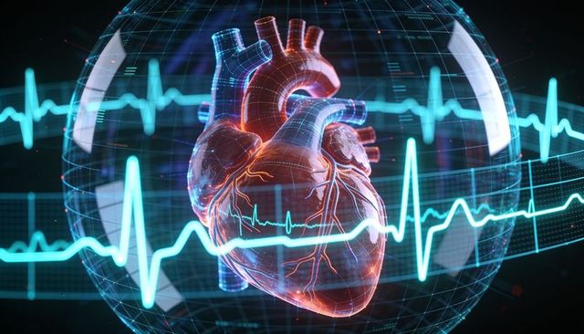 Holographic 3d heart circulating inside wireframe globe with ecg traces for cardiology
