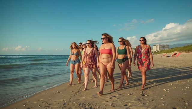 Diverse women walking along shoreline in swimsuits and sunglasses celebrating summer