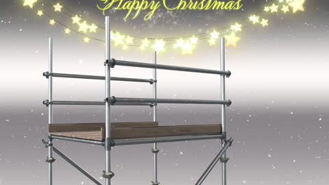 Festive Christmas Scaffold Scene with Falling Snow and Starry Lights