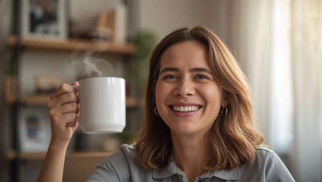 Smiling woman holding steaming mug, enjoying cozy sunlit morning and relaxed home routine