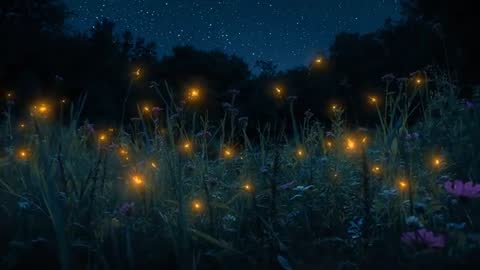 Fireflies Twinkling Over Wildflower Meadow at Night, Bioluminescent Glow and Stars Loop