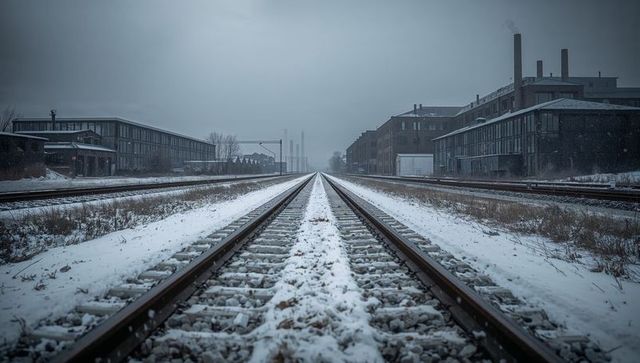 Snow-Covered Railway Tracks Leading Through Abandoned Industrial Yard, Moody Winter Sky
