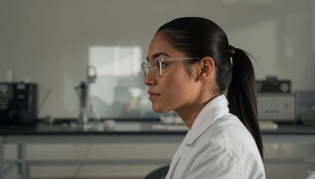 Female scientist wearing safety glasses working in laboratory profile portrait