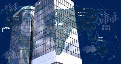 Global Data Processing Overlay on Office Towers - Download Free Stock Images Pikwizard.com
