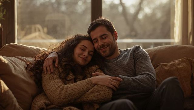 Couple cuddling on couch wearing chunky knit sweaters warm natural light cozy intimacy