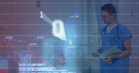 Doctor reading patient chart at bedside with healthcare data overlay and rising graphs
