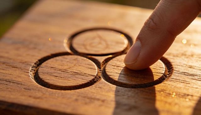 Fingertip pressing into carved wooden circles at golden hour revealing triangle detail
