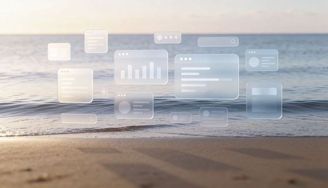 Floating translucent ui panels hovering over serene beach displaying data, charts and icons