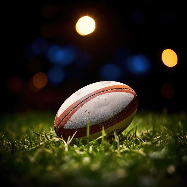 Rugby ball lying on lush green grass under bright stadium lights during night. Captures essence of outdoor sports, competition, and the excitement of night matches. Ideal for promoting rugby games, sports events, team training, or sports equipment advertisements.