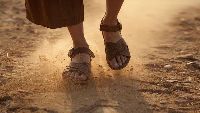 Sunlit Trail Walking in Brown Leather Sandals Kicking Dust on Dry Dirt Path at Golden Hour