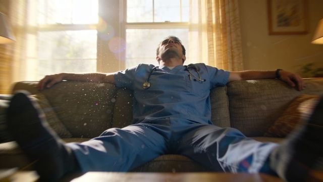 Exhausted clinician reclining on couch after shift in sunlit living room with stethoscope