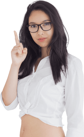 Confident Woman in Glasses Wearing White Transparent Shirt Pointing Up