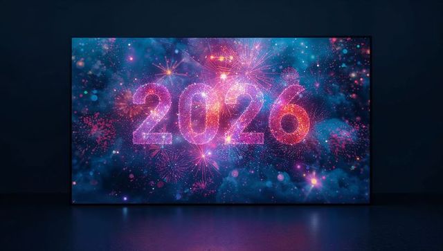 2026 Neon Fireworks Countdown Display on LED Stage with Futuristic Glowing Bokeh Spectacle
