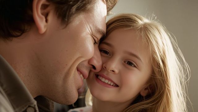 Father and daughter pressing cheeks together sharing warm closeup bonding moment