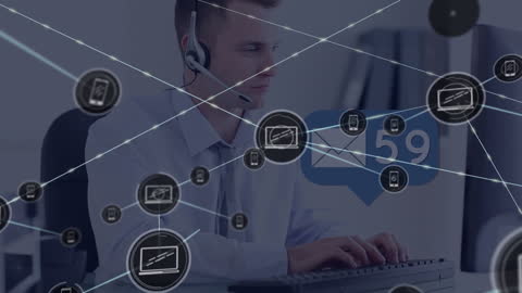 Businessman Communicates via Headset with Digital Network Overlay