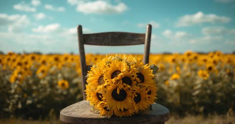Sunflower Bouquet Gently Resting on Wooden Chair Amidst Open Field
